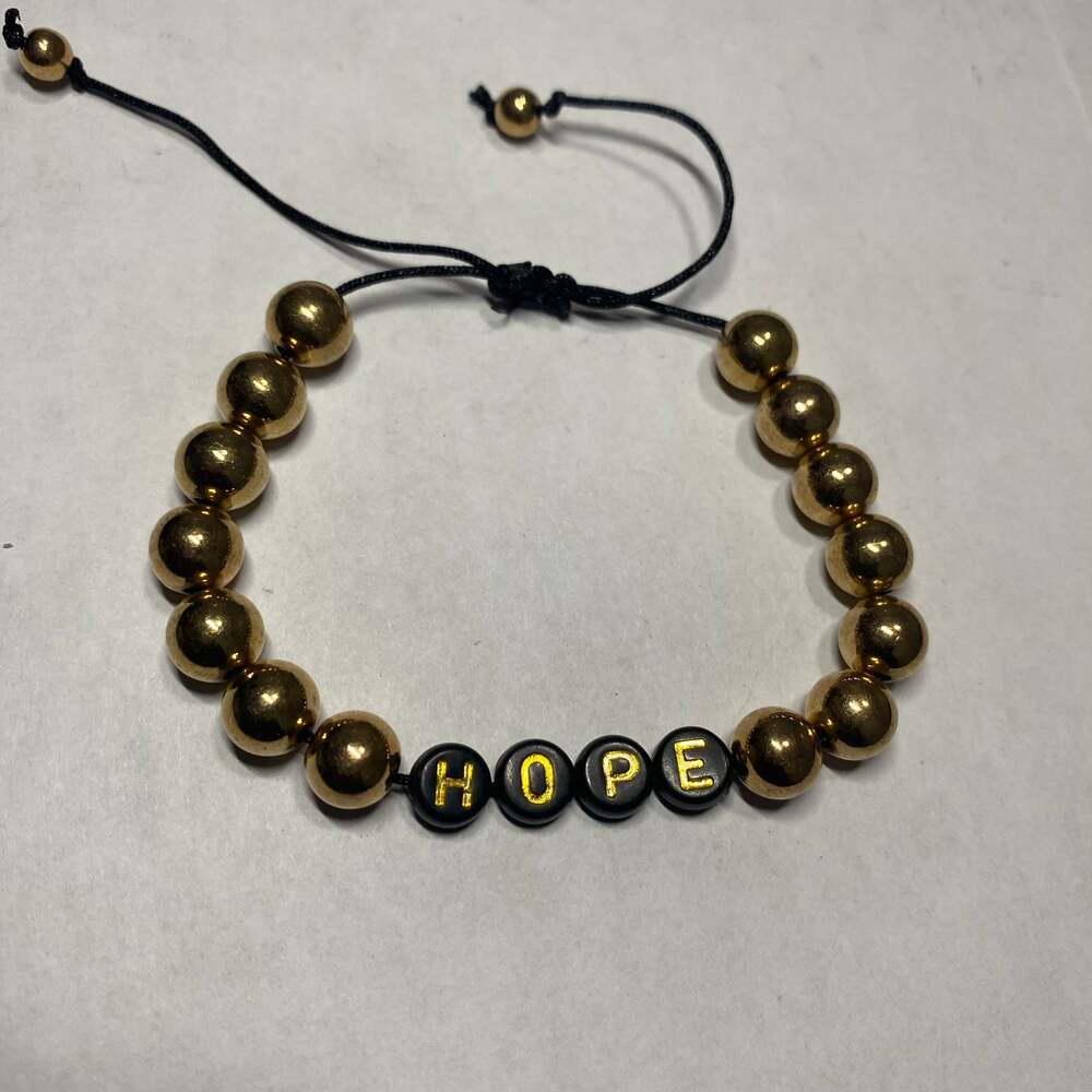 Adjustable Gold Beaded Letter Bracelet - HOPE Word Charm with Black Cord
